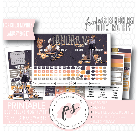 Off to Hogwarts January 2019 Monthly View Kit Digital Printable Planner Stickers (for use with Erin Condren Large Deluxe Monthly Planner) - Plannerologystudio