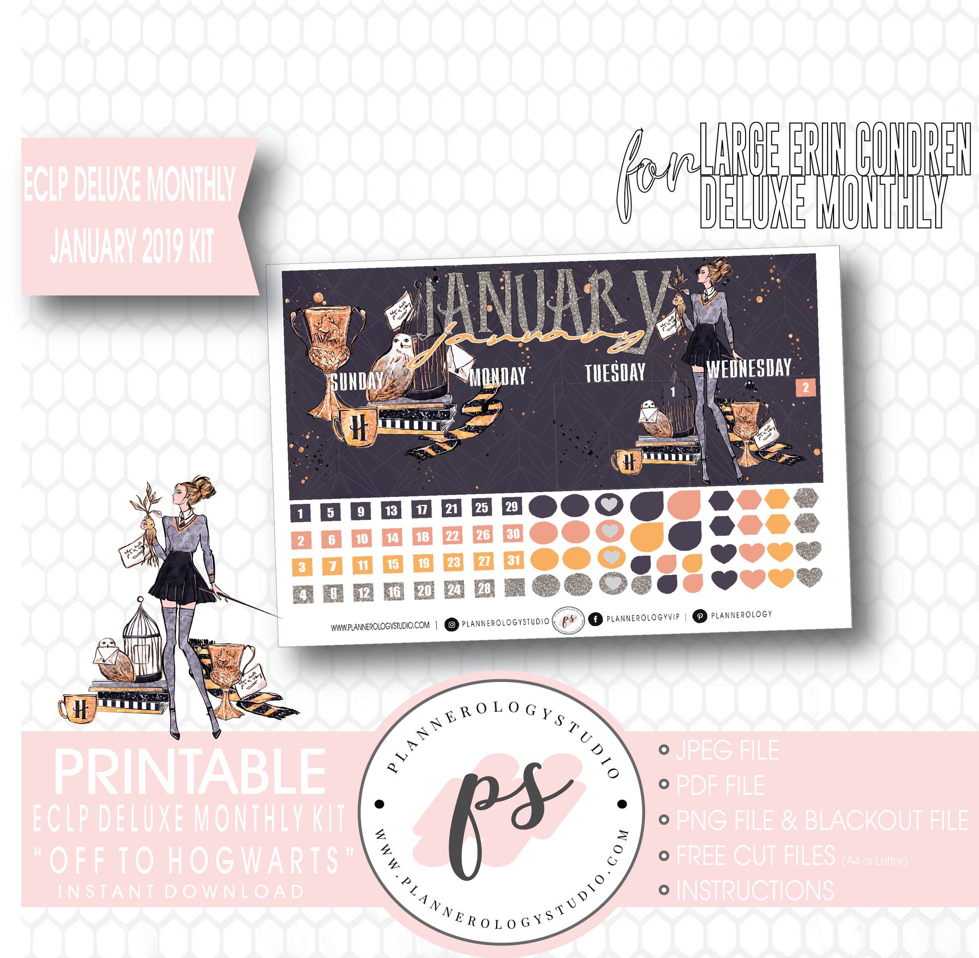Off to Hogwarts January 2019 Monthly View Kit Digital Printable Planner Stickers (for use with Erin Condren Large Deluxe Monthly Planner) - Plannerologystudio