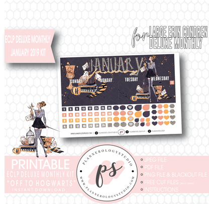 Off to Hogwarts January 2019 Monthly View Kit Digital Printable Planner Stickers (for use with Erin Condren Large Deluxe Monthly Planner) - Plannerologystudio