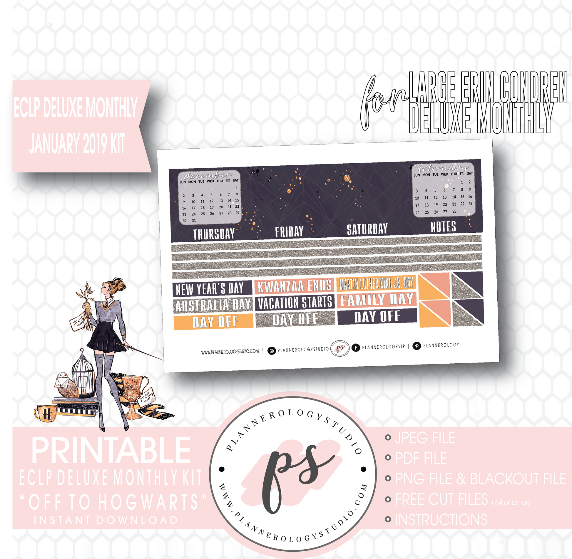 Off to Hogwarts January 2019 Monthly View Kit Digital Printable Planner Stickers (for use with Erin Condren Large Deluxe Monthly Planner) - Plannerologystudio