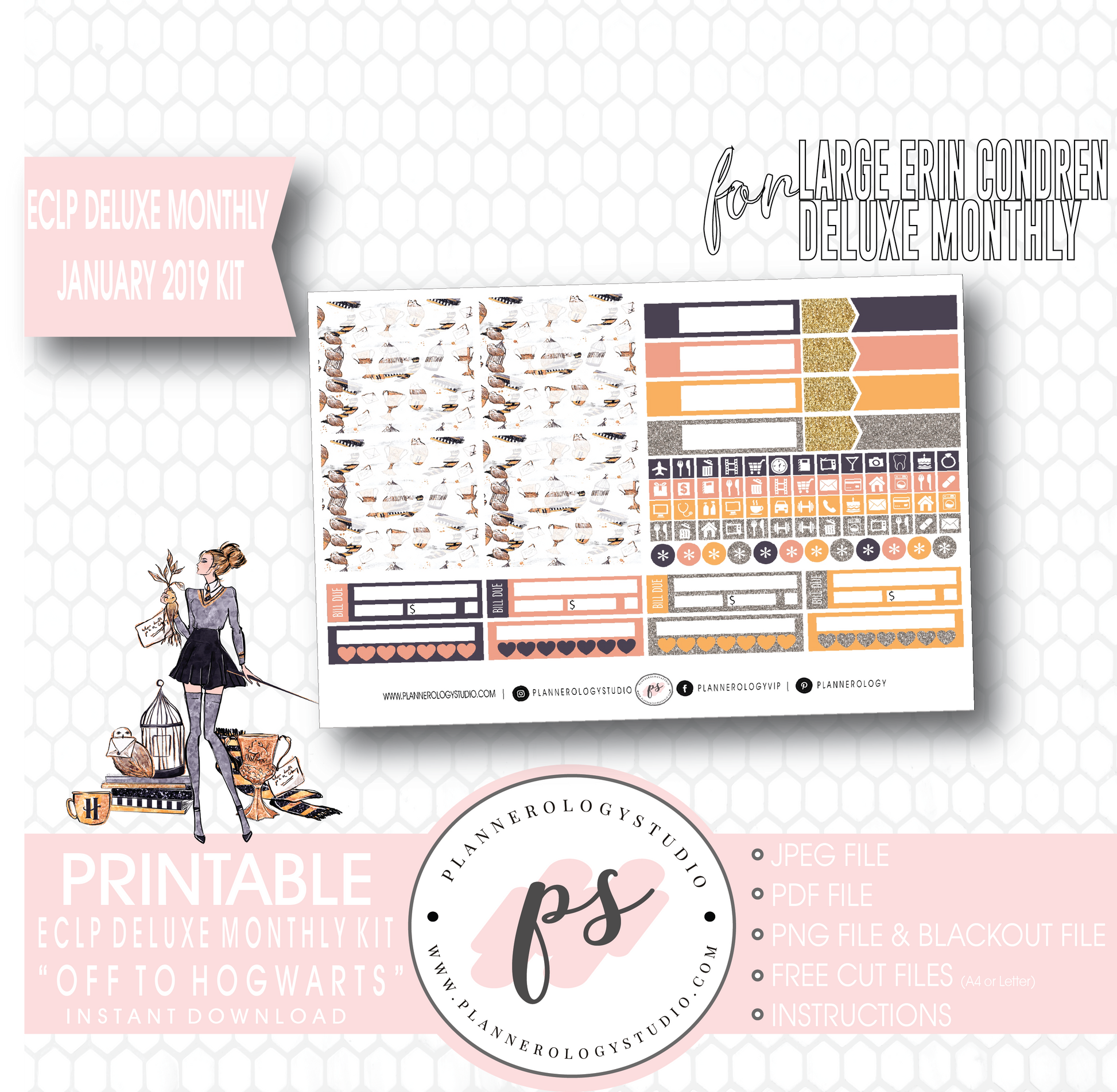 Off to Hogwarts January 2019 Monthly View Kit Digital Printable Planner Stickers (for use with Erin Condren Large Deluxe Monthly Planner) - Plannerologystudio