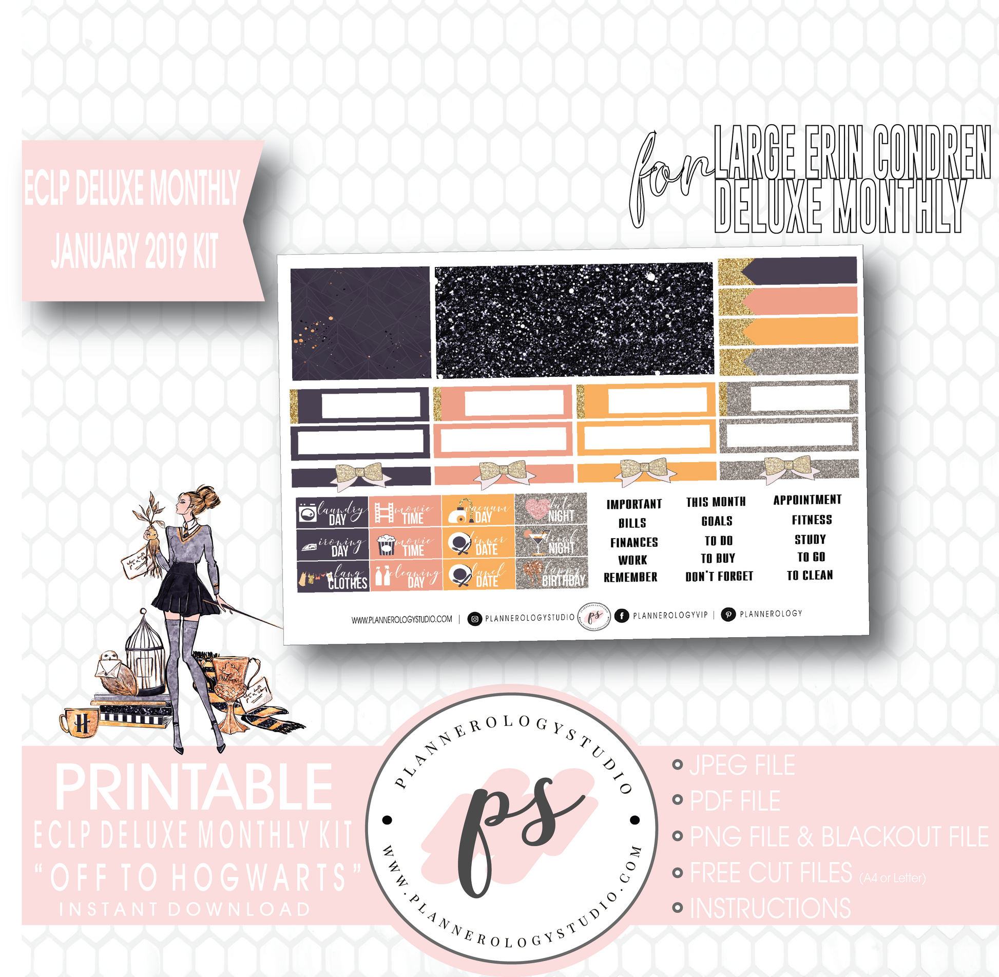 Off to Hogwarts January 2019 Monthly View Kit Digital Printable Planner Stickers (for use with Erin Condren Large Deluxe Monthly Planner) - Plannerologystudio