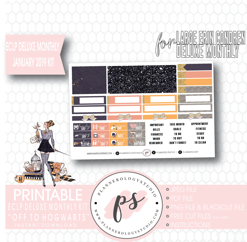 Off to Hogwarts January 2019 Monthly View Kit Digital Printable Planner Stickers (for use with Erin Condren Large Deluxe Monthly Planner) - Plannerologystudio