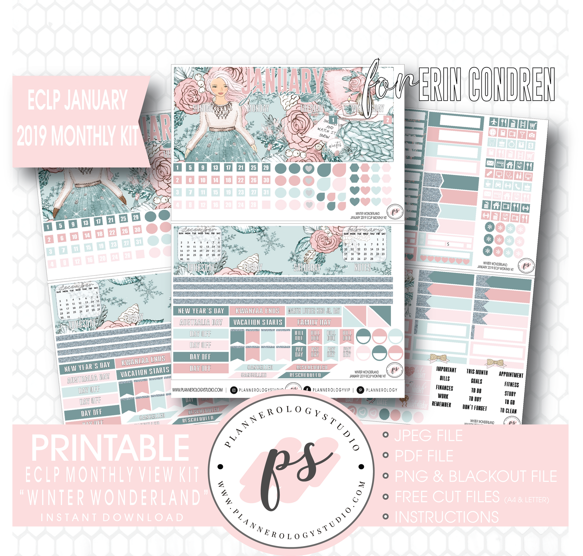Winter Wonderland January 2019 Monthly View Kit Digital Printable Planner Stickers (for use with Erin Condren) - Plannerologystudio