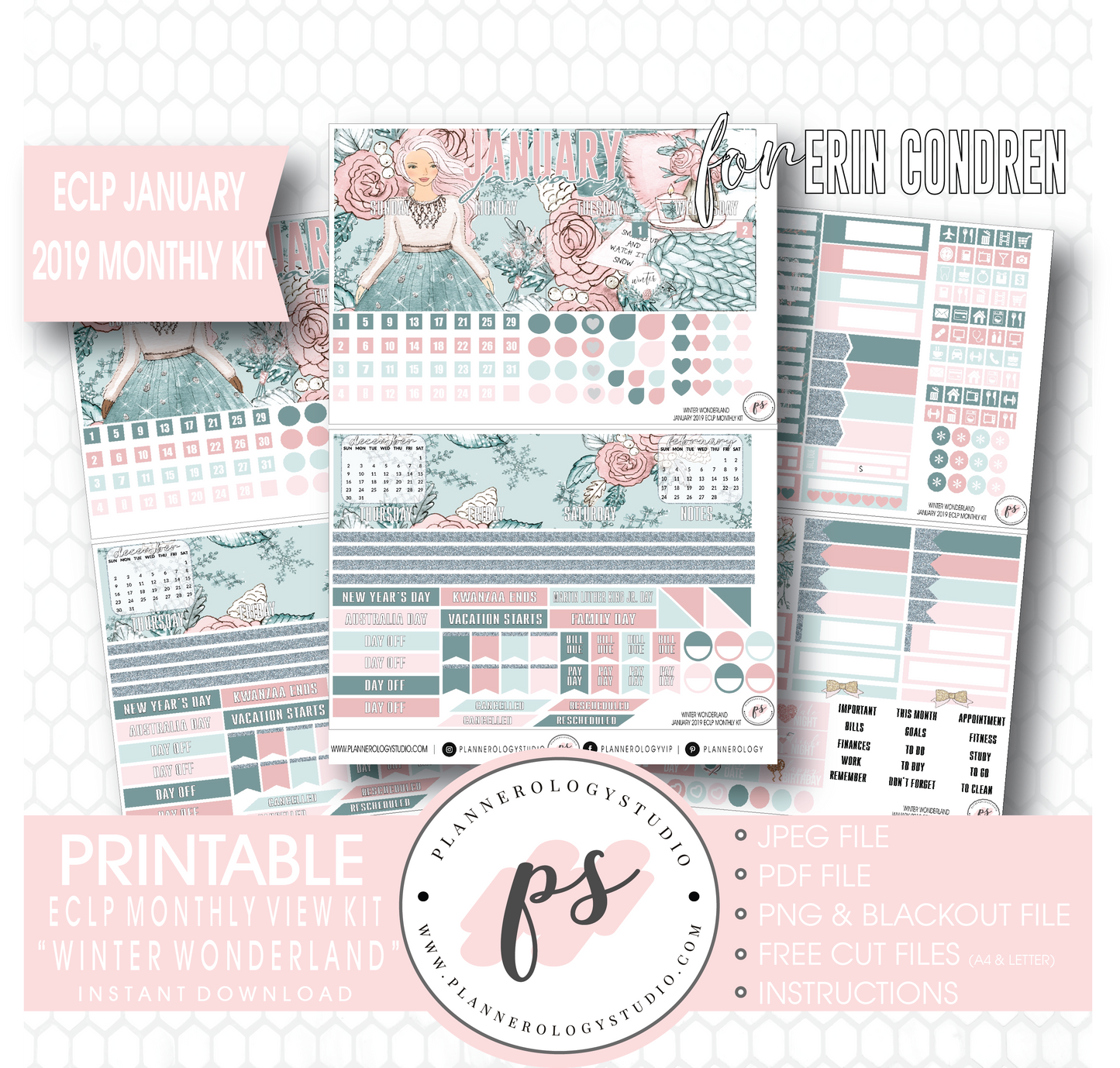 Winter Wonderland January 2019 Monthly View Kit Digital Printable Planner Stickers (for use with Erin Condren) - Plannerologystudio
