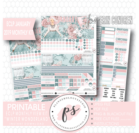 Winter Wonderland January 2019 Monthly View Kit Digital Printable Planner Stickers (for use with Erin Condren) - Plannerologystudio