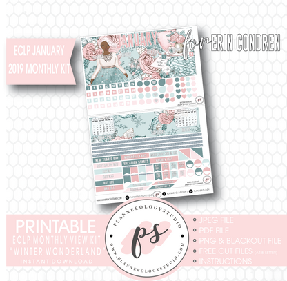 Winter Wonderland January 2019 Monthly View Kit Digital Printable Planner Stickers (for use with Erin Condren) - Plannerologystudio