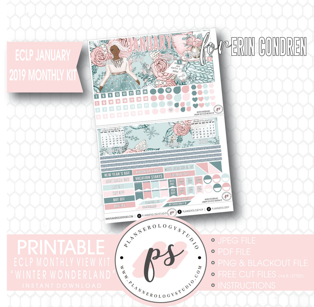 Winter Wonderland January 2019 Monthly View Kit Digital Printable Planner Stickers (for use with Erin Condren) - Plannerologystudio