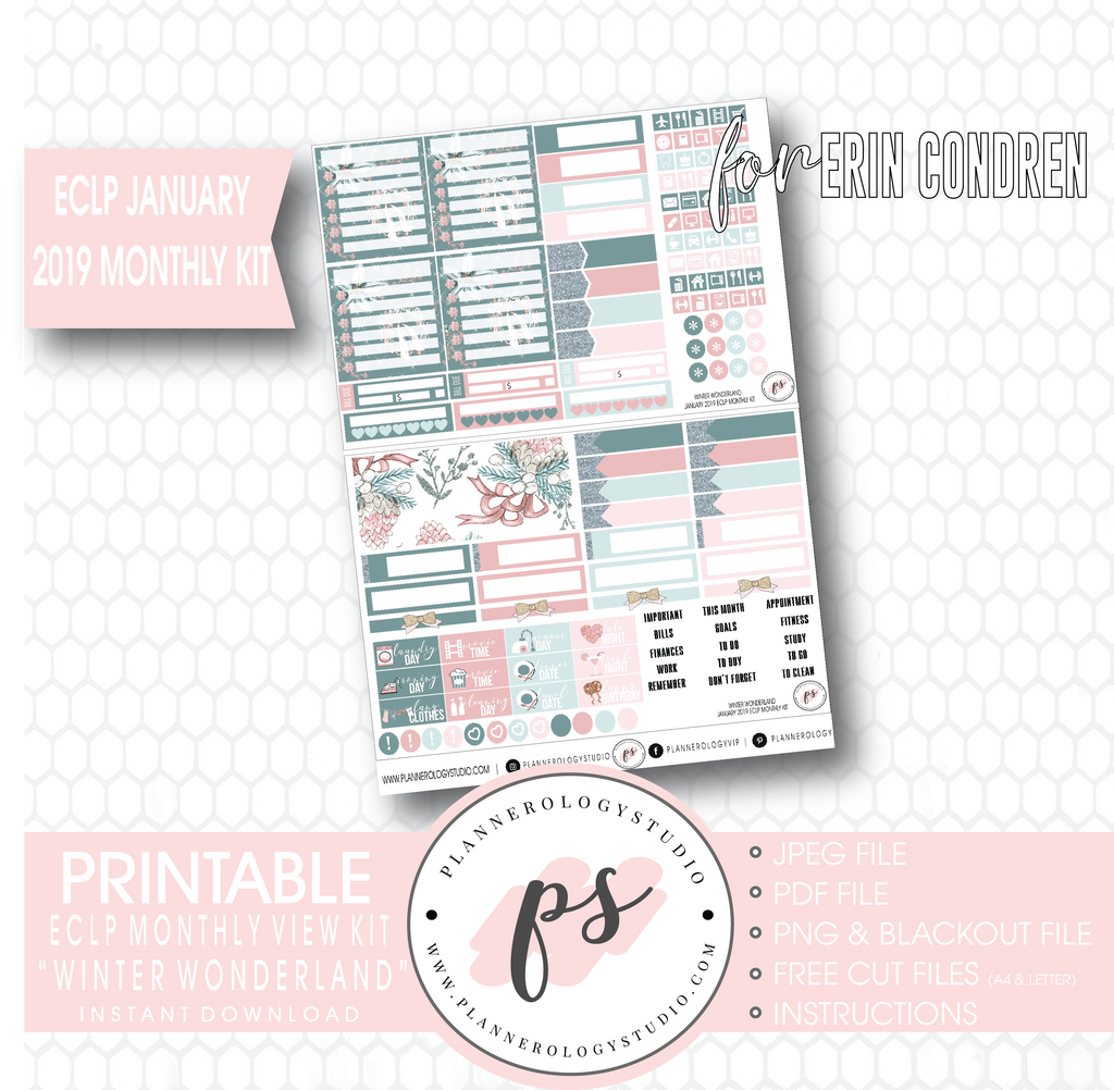 Winter Wonderland January 2019 Monthly View Kit Digital Printable Planner Stickers (for use with Erin Condren) - Plannerologystudio