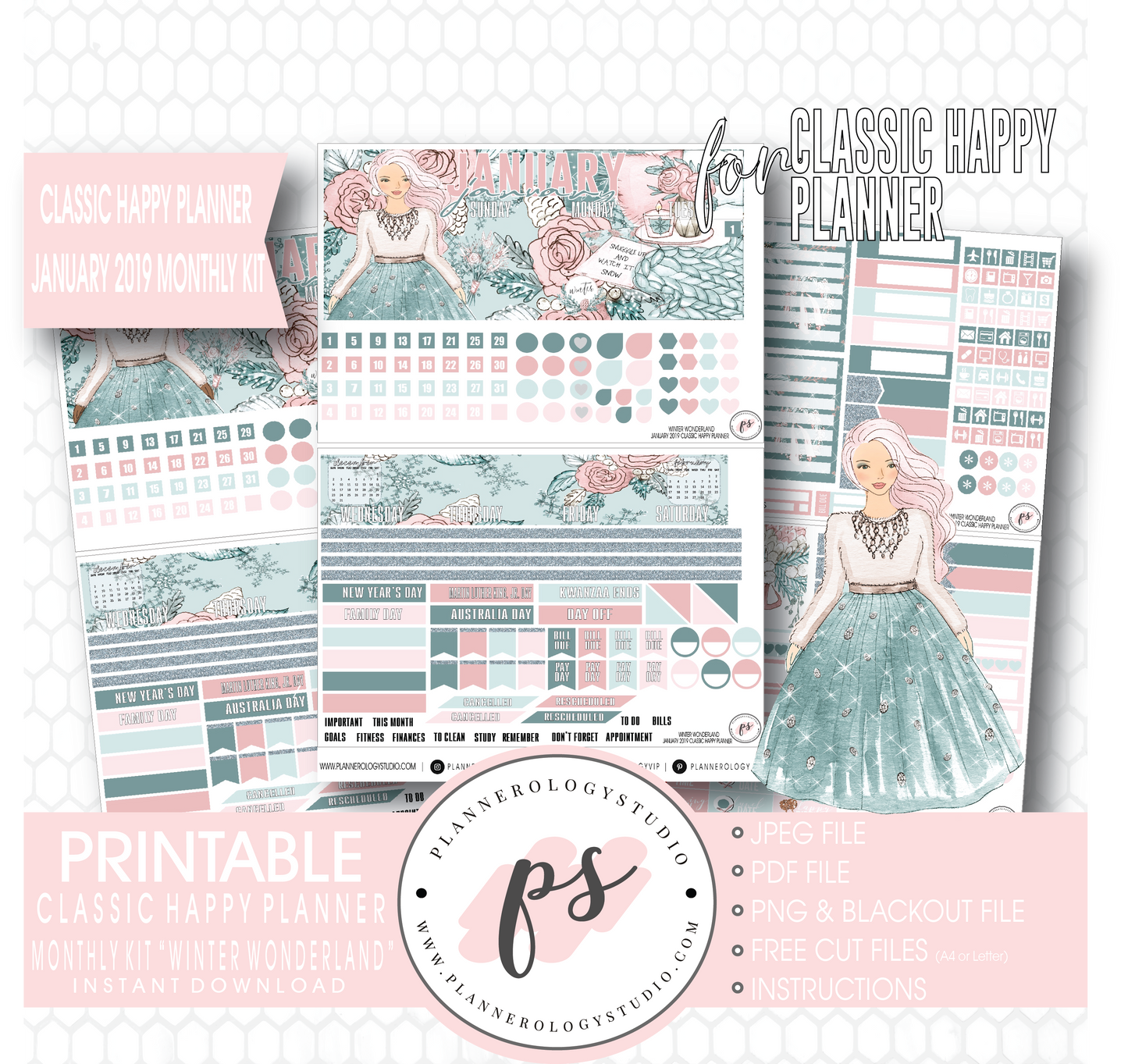Winter Wonderland January 2019 Monthly View Kit Digital Printable Planner Stickers (for use with Classic Happy Planner) - Plannerologystudio