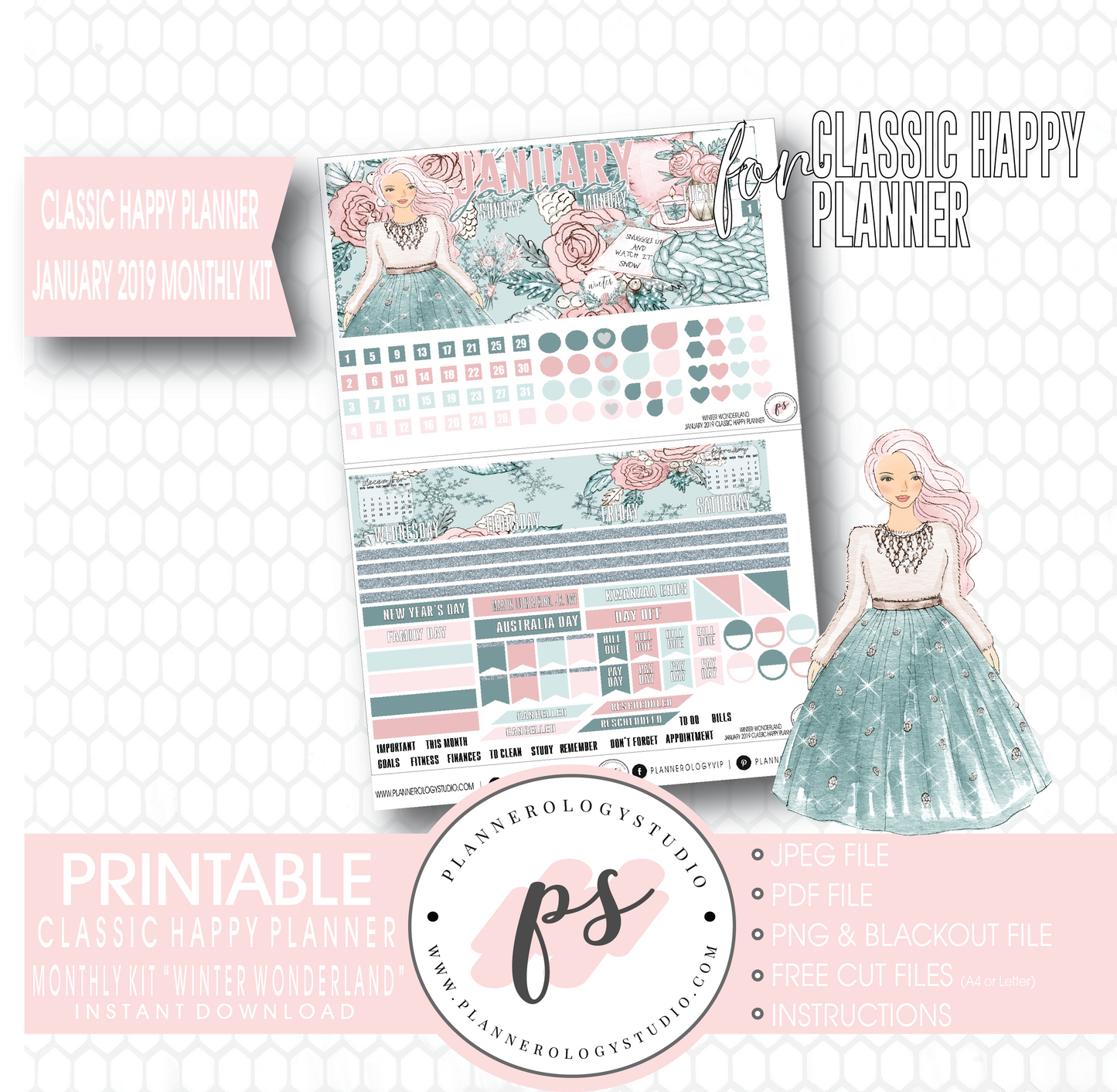 Winter Wonderland January 2019 Monthly View Kit Digital Printable Planner Stickers (for use with Classic Happy Planner) - Plannerologystudio