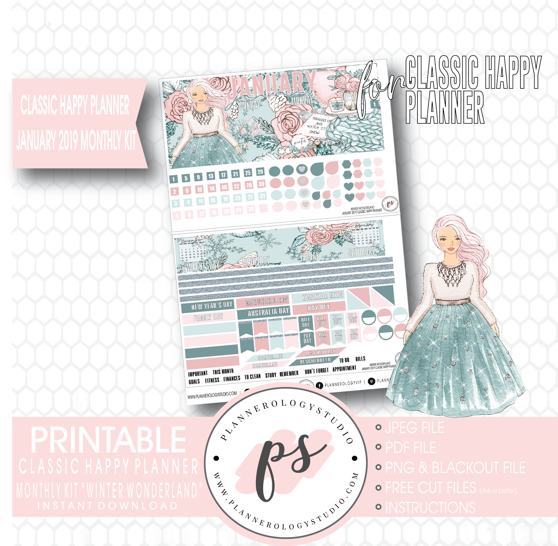 Winter Wonderland January 2019 Monthly View Kit Digital Printable Planner Stickers (for use with Classic Happy Planner) - Plannerologystudio