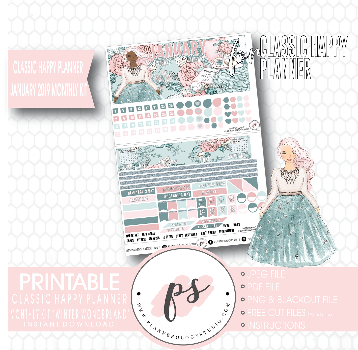 Winter Wonderland January 2019 Monthly View Kit Digital Printable Planner Stickers (for use with Classic Happy Planner) - Plannerologystudio