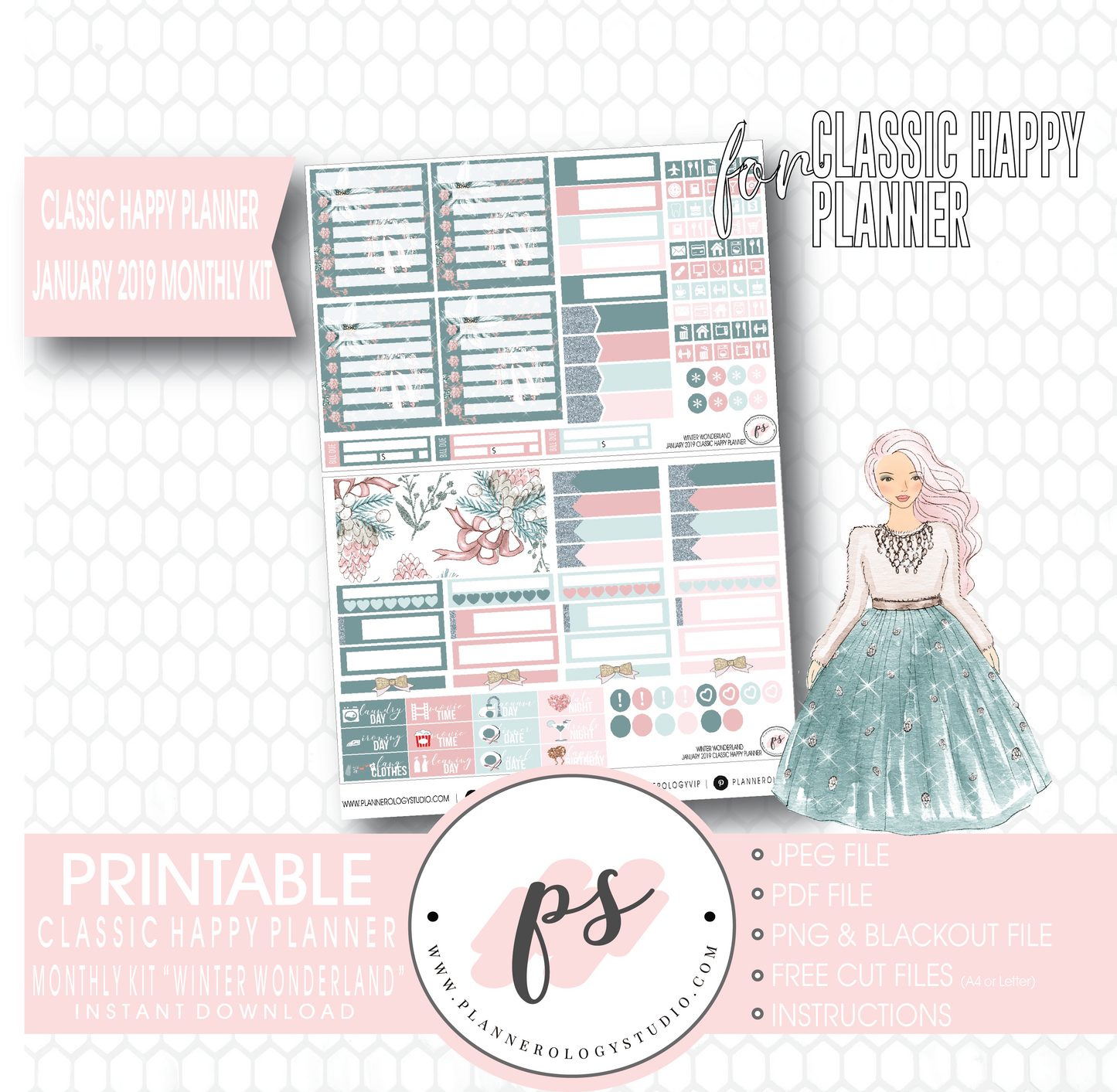 Winter Wonderland January 2019 Monthly View Kit Digital Printable Planner Stickers (for use with Classic Happy Planner) - Plannerologystudio