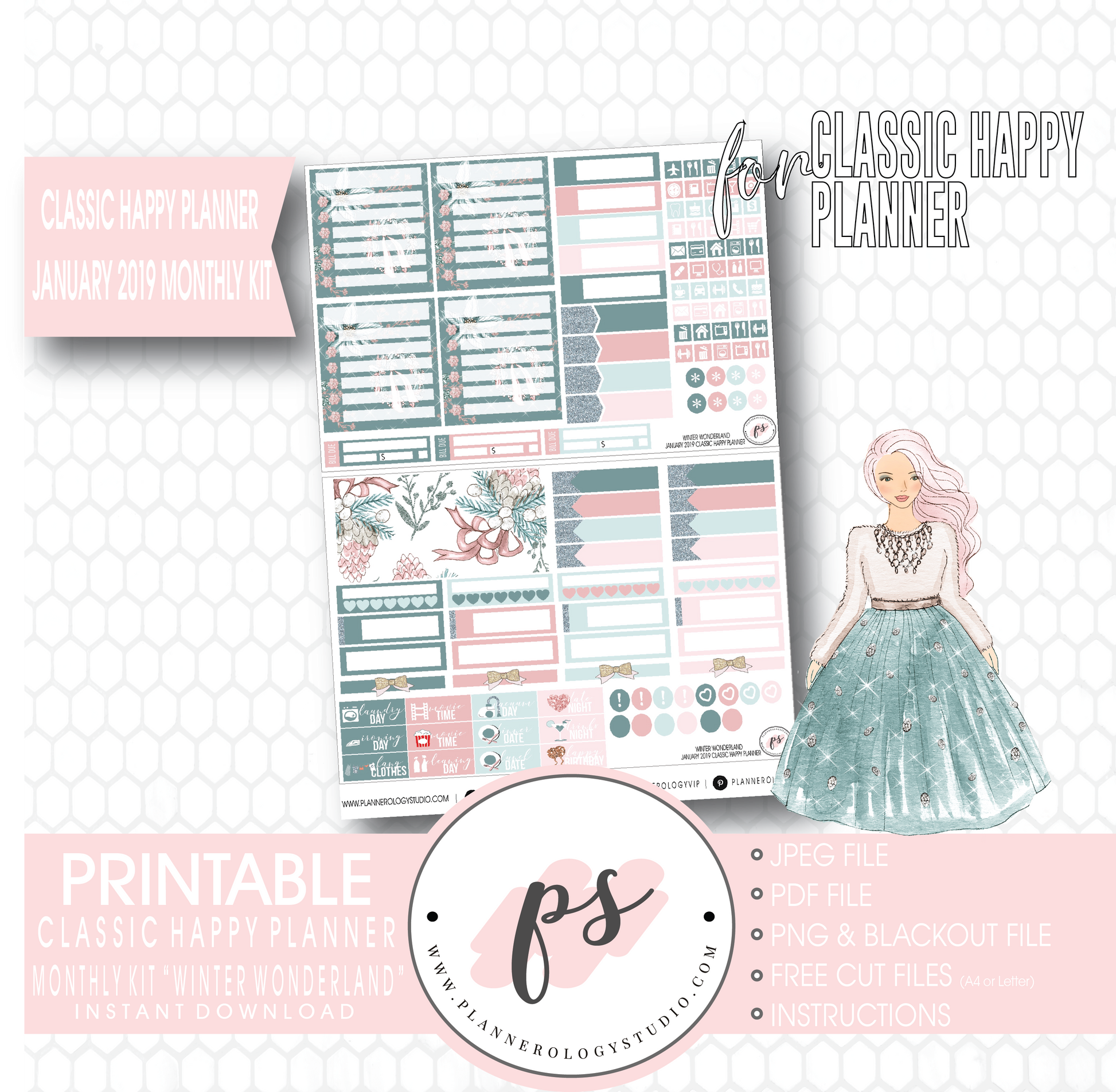 Winter Wonderland January 2019 Monthly View Kit Digital Printable Planner Stickers (for use with Classic Happy Planner) - Plannerologystudio