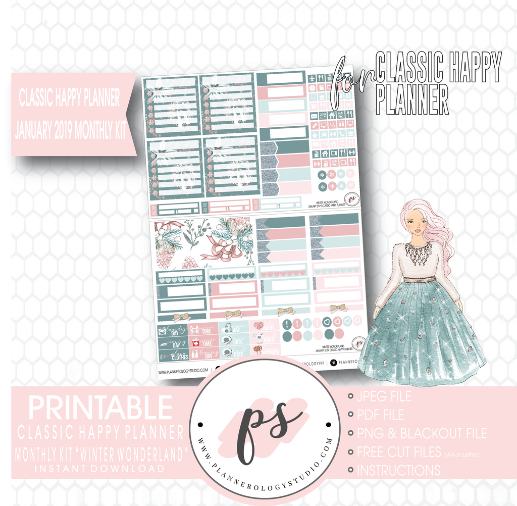 Winter Wonderland January 2019 Monthly View Kit Digital Printable Planner Stickers (for use with Classic Happy Planner) - Plannerologystudio