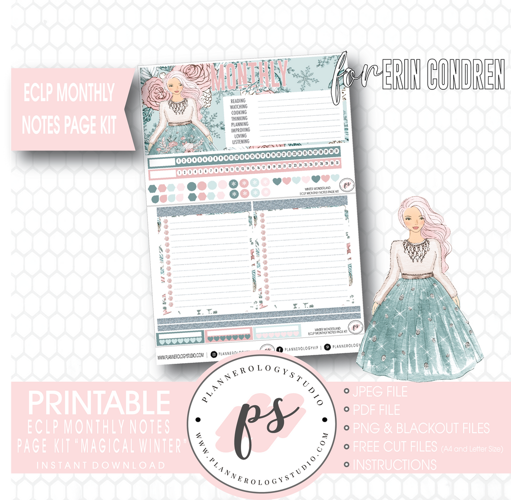 Winter Wonderland Monthly Notes Page Kit Digital Printable Planner Stickers (for use with Erin Condren) - Plannerologystudio