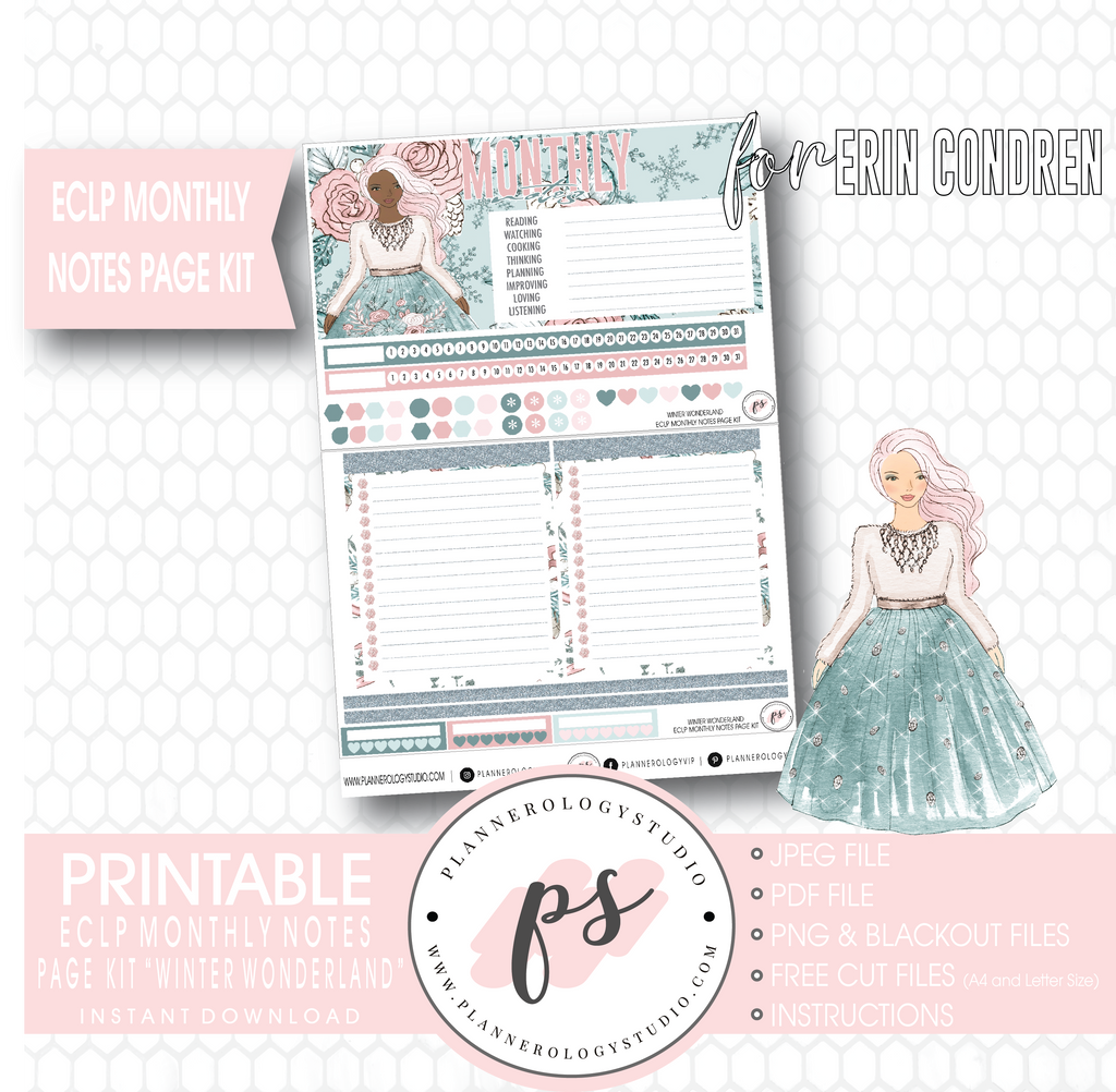 Winter Wonderland Monthly Notes Page Kit Digital Printable Planner Stickers (for use with Erin Condren) - Plannerologystudio
