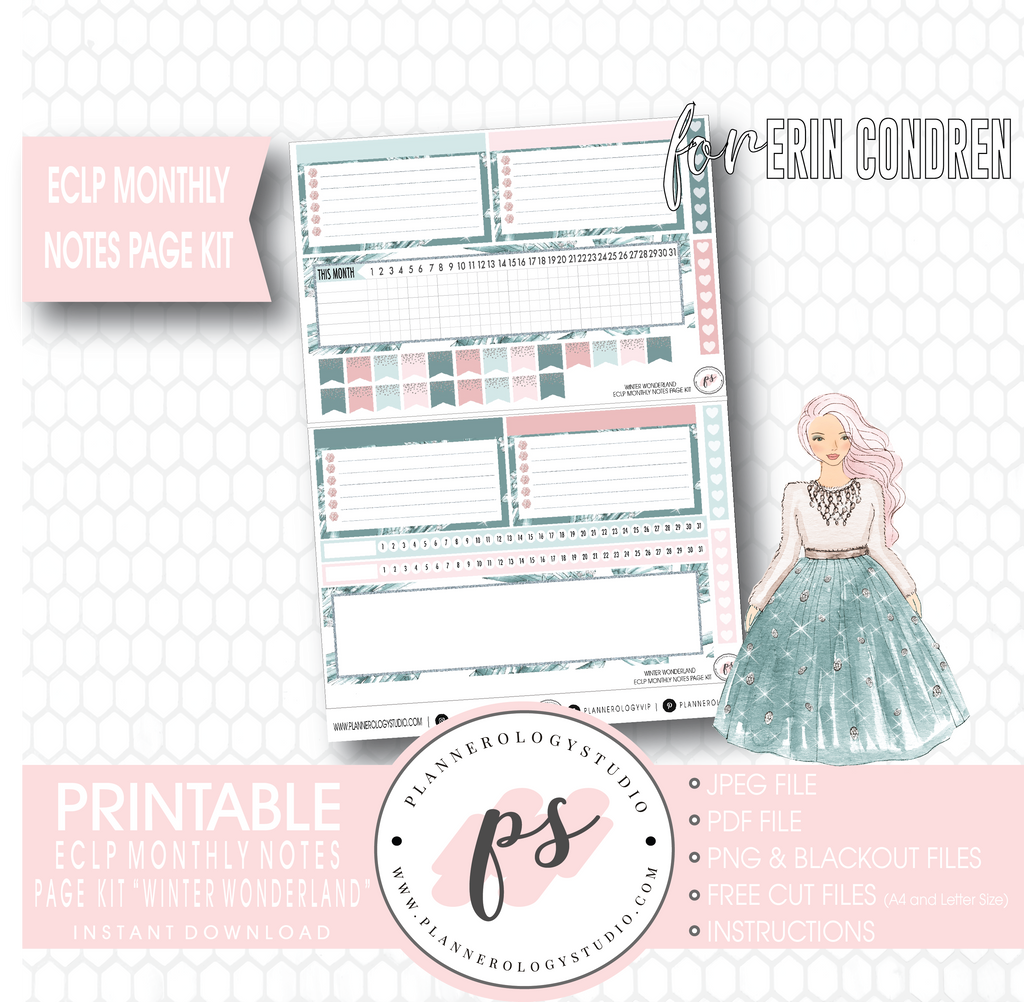 Winter Wonderland Monthly Notes Page Kit Digital Printable Planner Stickers (for use with Erin Condren) - Plannerologystudio