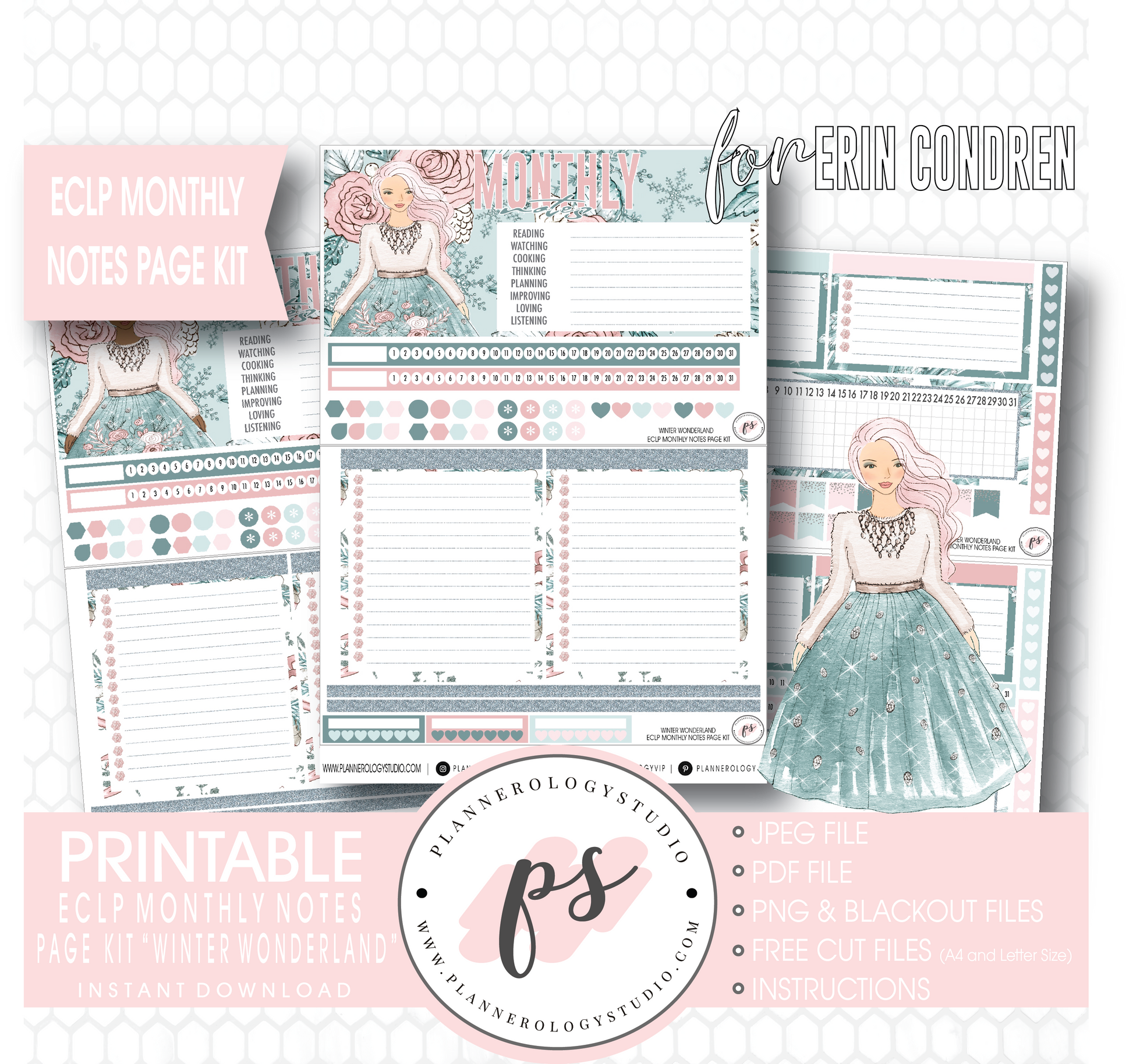 Winter Wonderland Monthly Notes Page Kit Digital Printable Planner Stickers (for use with Erin Condren) - Plannerologystudio