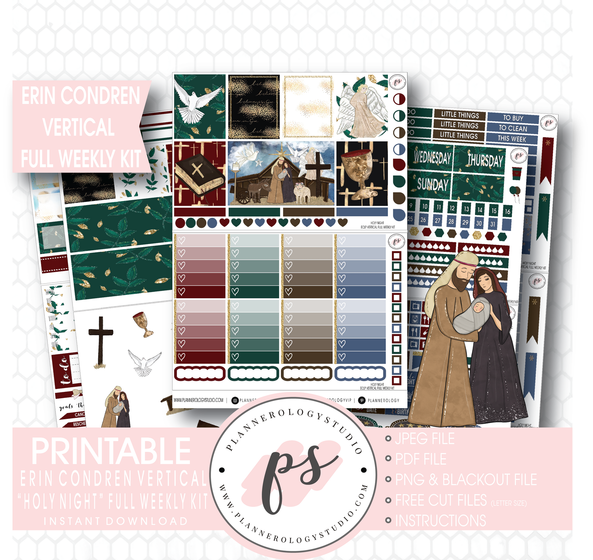 Holy Night Christmas Full Weekly Kit Printable Planner Stickers (for use with Erin Condren Vertical) - Plannerologystudio