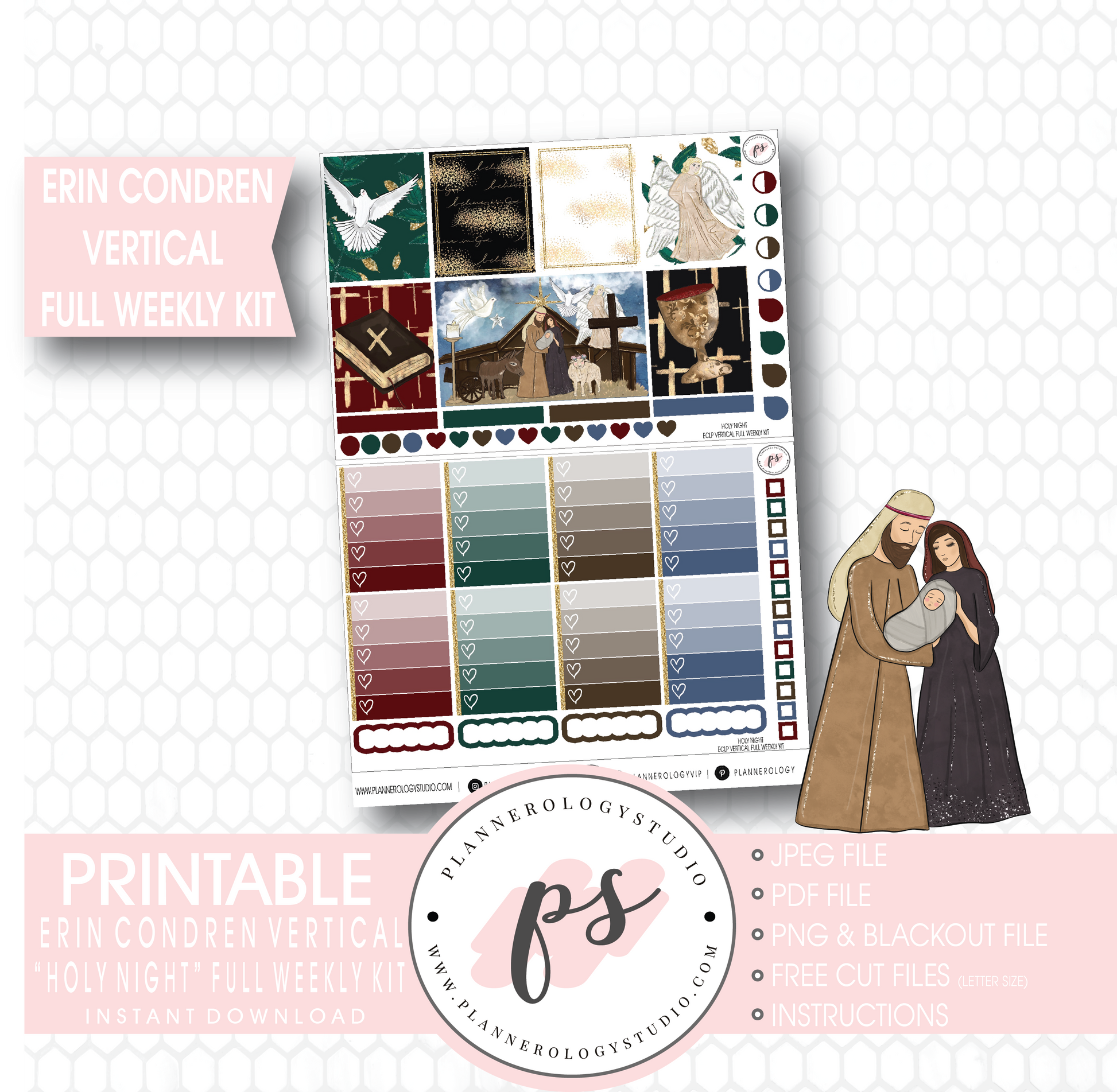 Holy Night Christmas Full Weekly Kit Printable Planner Stickers (for use with Erin Condren Vertical) - Plannerologystudio