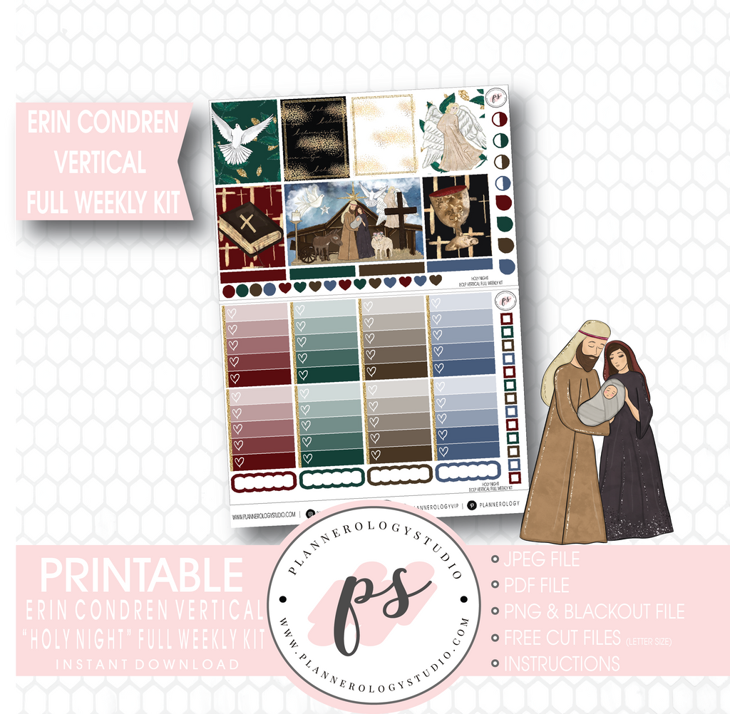 Holy Night Christmas Full Weekly Kit Printable Planner Stickers (for use with Erin Condren Vertical) - Plannerologystudio