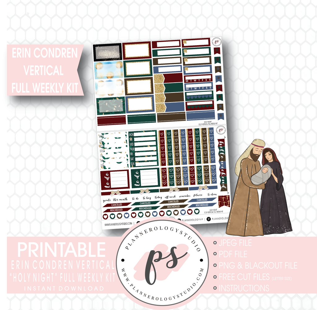 Holy Night Christmas Full Weekly Kit Printable Planner Stickers (for use with Erin Condren Vertical) - Plannerologystudio