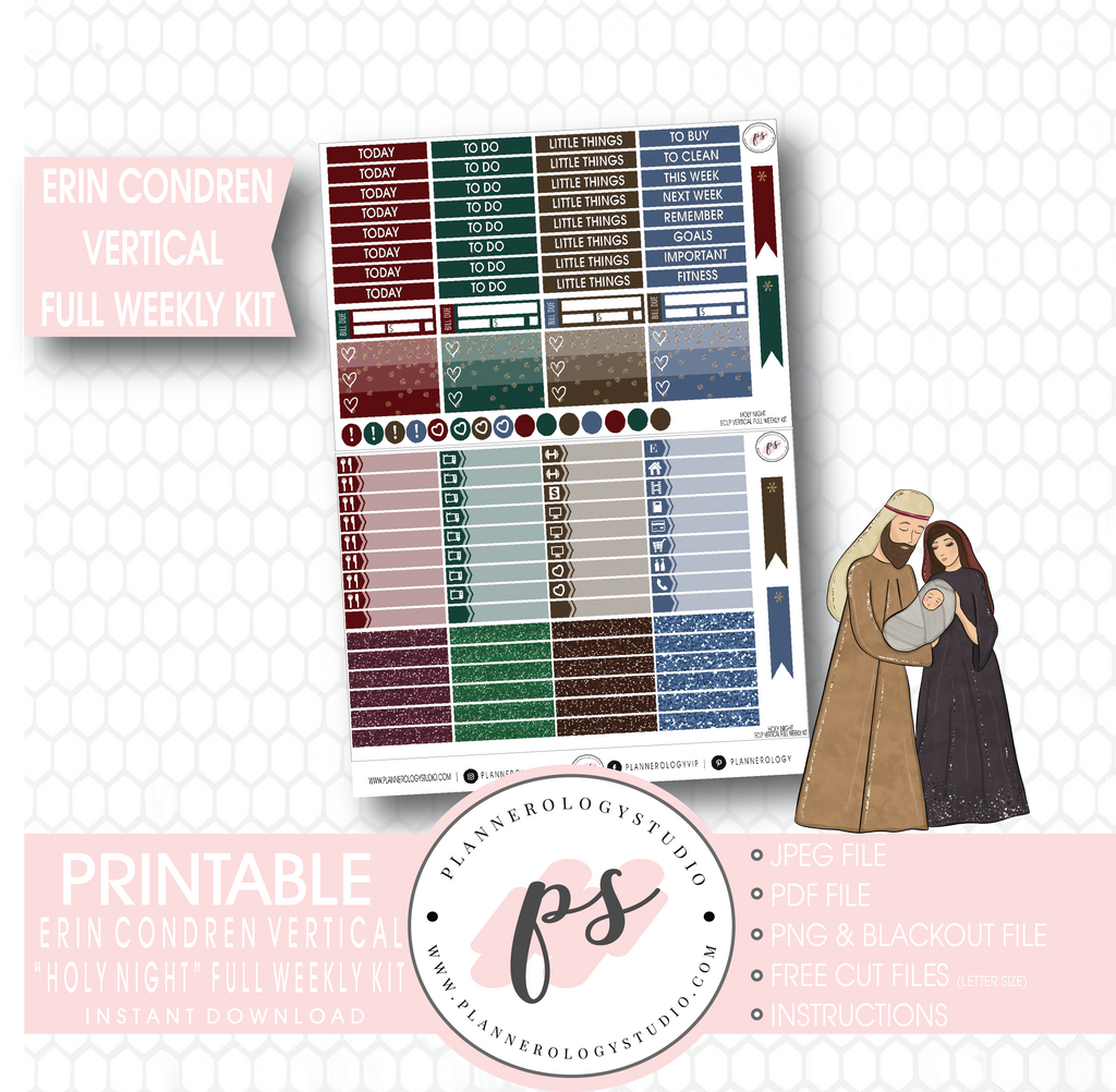 Holy Night Christmas Full Weekly Kit Printable Planner Stickers (for use with Erin Condren Vertical) - Plannerologystudio