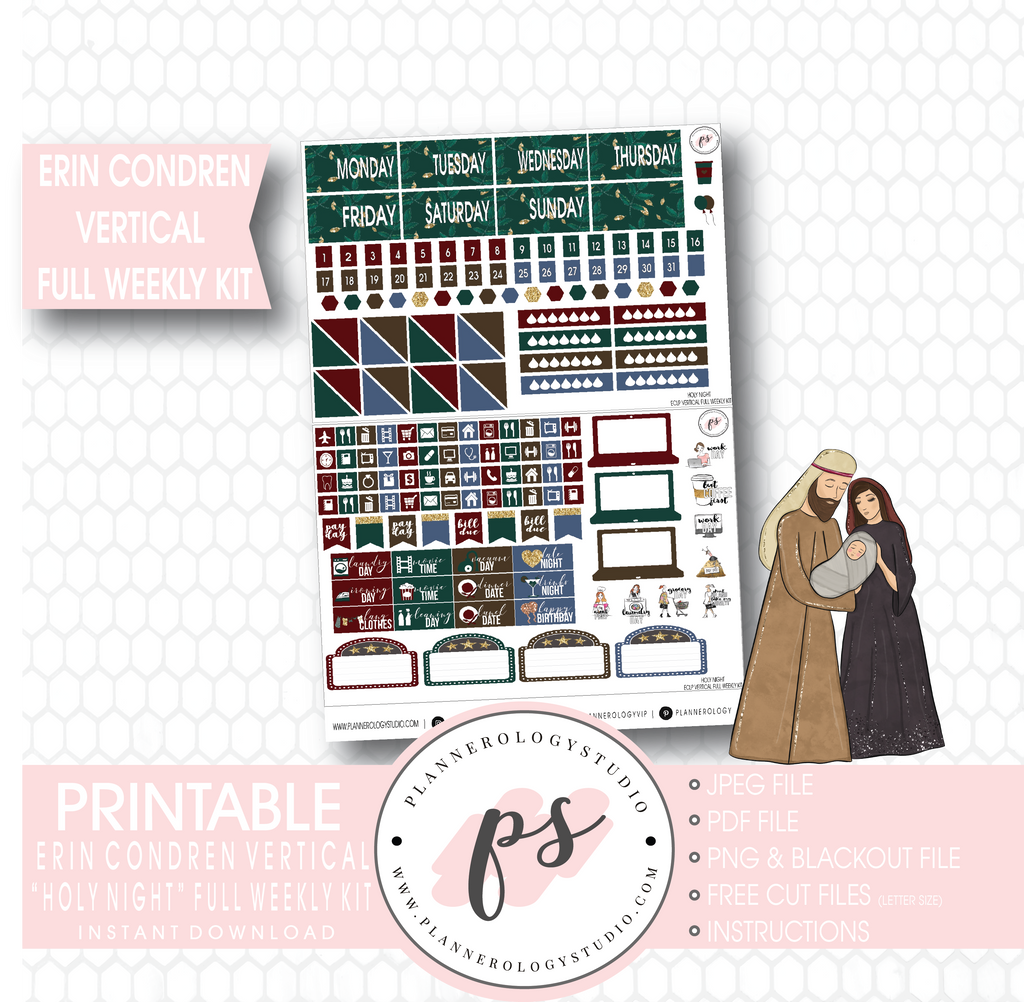 Holy Night Christmas Full Weekly Kit Printable Planner Stickers (for use with Erin Condren Vertical) - Plannerologystudio