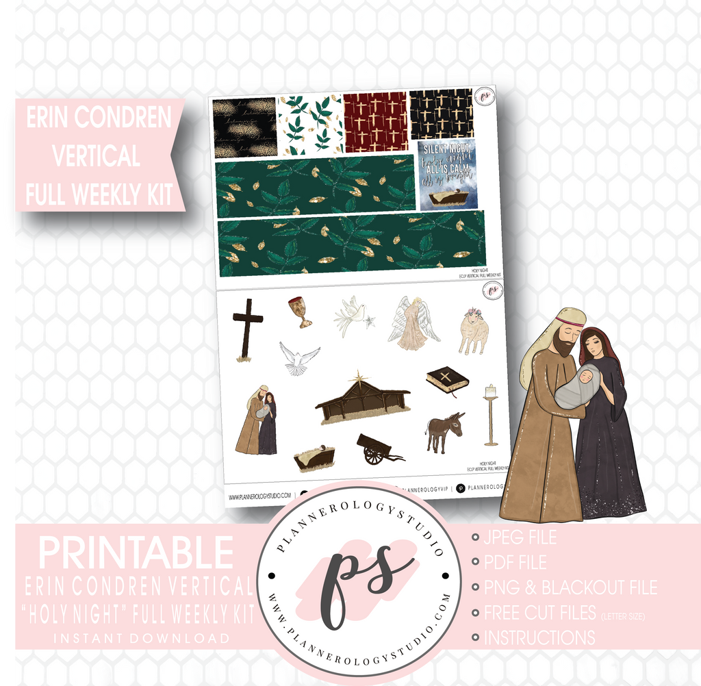 Holy Night Christmas Full Weekly Kit Printable Planner Stickers (for use with Erin Condren Vertical) - Plannerologystudio