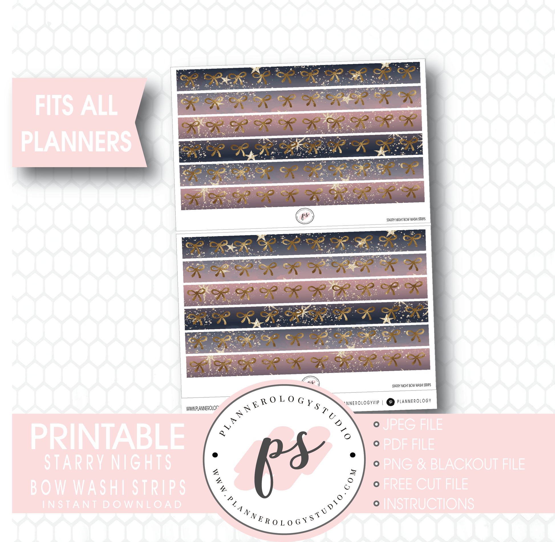 Starry Nights Watercolour Pattern Bow Icon Washi Strip Digital Printable Planner Stickers - Plannerologystudio