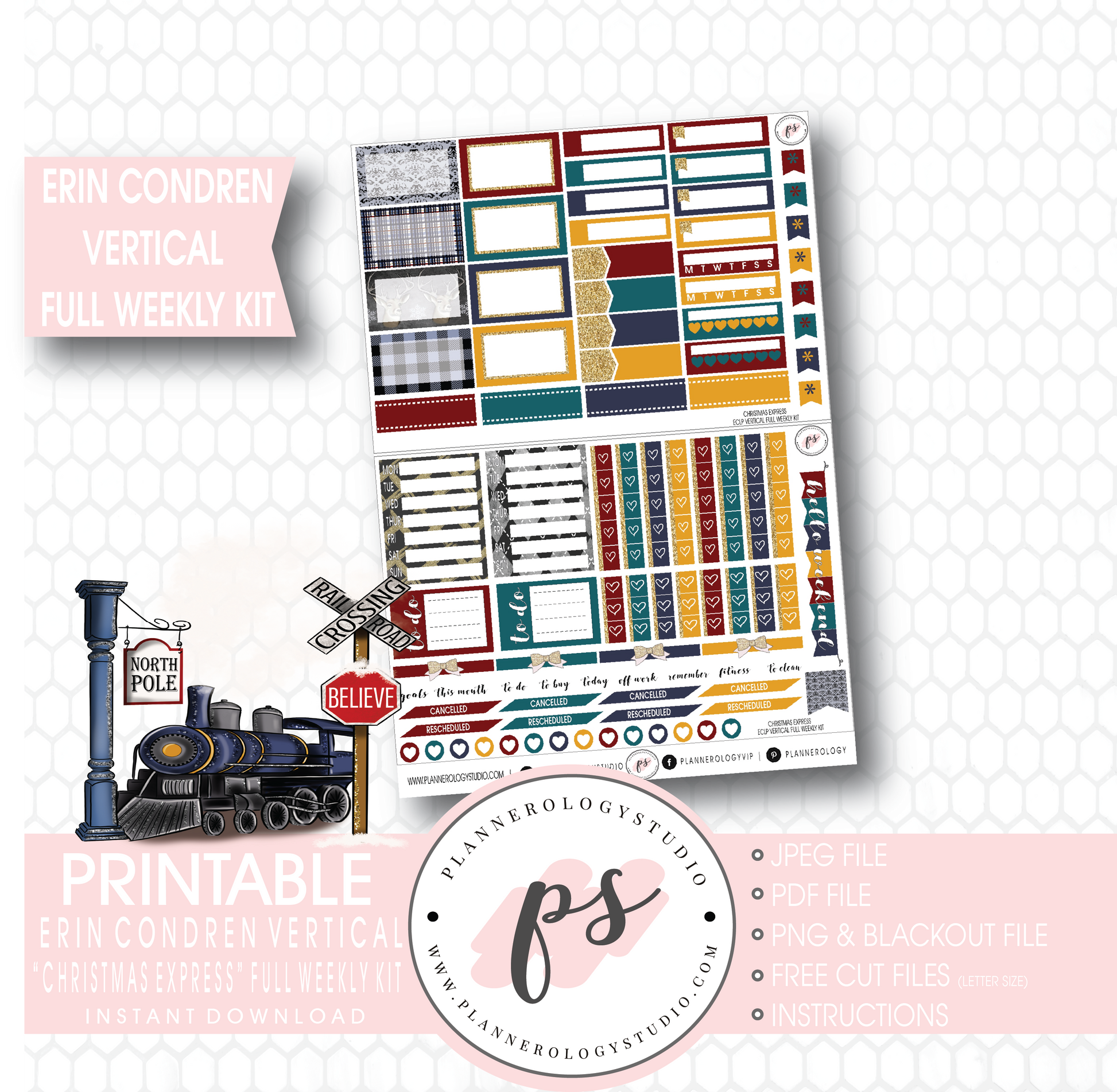 Christmas Express (Polar Express) Full Weekly Kit Printable Planner Stickers (for use with Erin Condren Vertical) - Plannerologystudio
