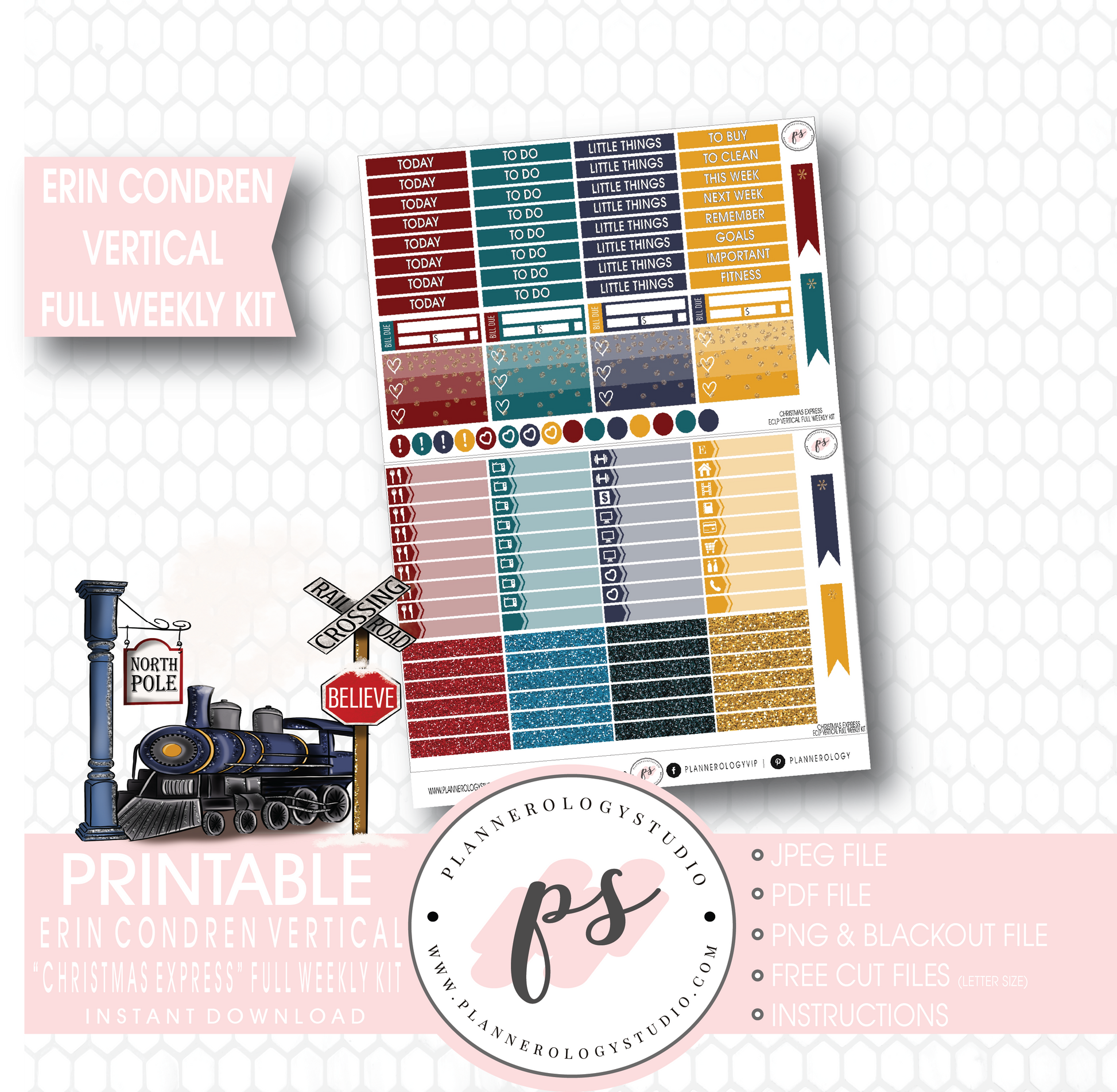 Christmas Express (Polar Express) Full Weekly Kit Printable Planner Stickers (for use with Erin Condren Vertical) - Plannerologystudio