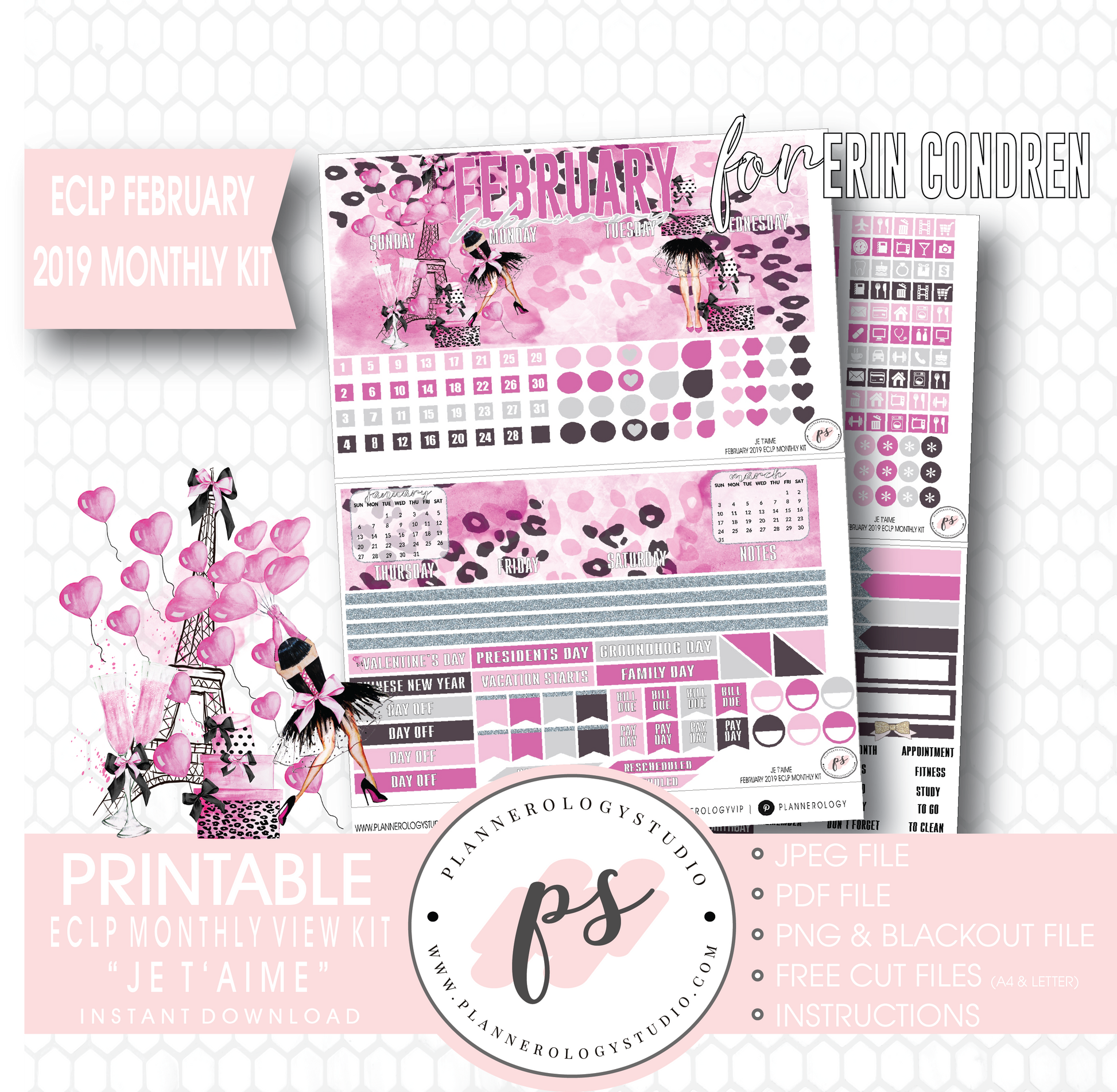 Je T'aime Valentine's Day February 2019 Monthly View Kit Digital Printable Planner Stickers (for use with Erin Condren) - Plannerologystudio
