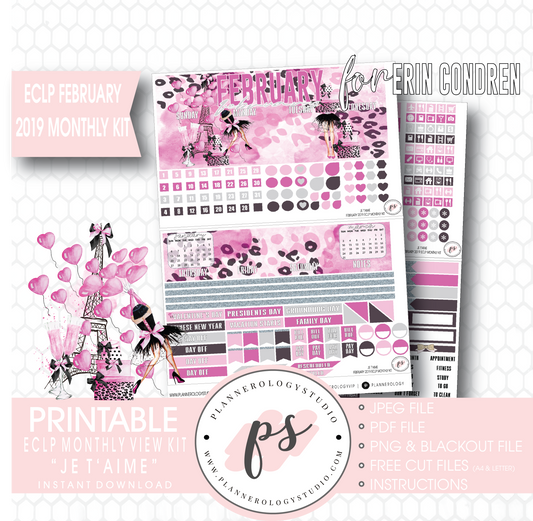 Je T'aime Valentine's Day February 2019 Monthly View Kit Digital Printable Planner Stickers (for use with Erin Condren) - Plannerologystudio