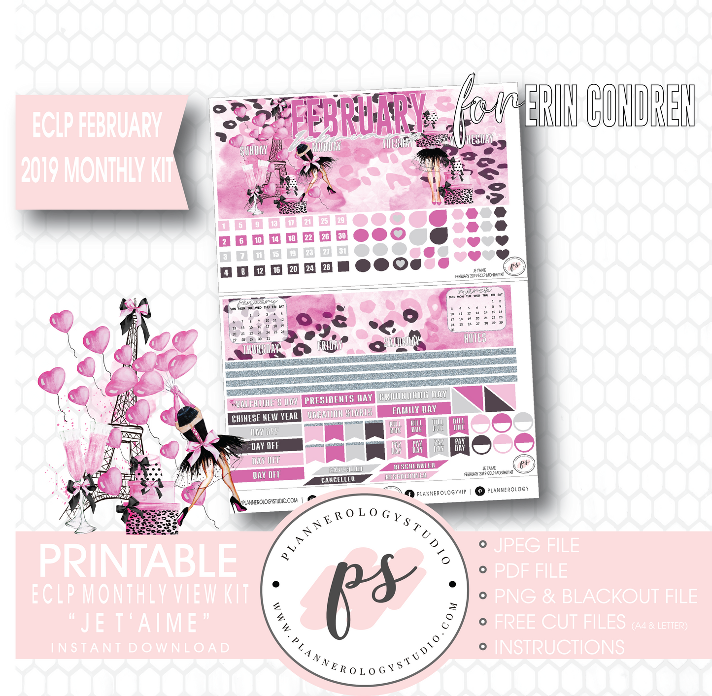 Je T'aime Valentine's Day February 2019 Monthly View Kit Digital Printable Planner Stickers (for use with Erin Condren) - Plannerologystudio