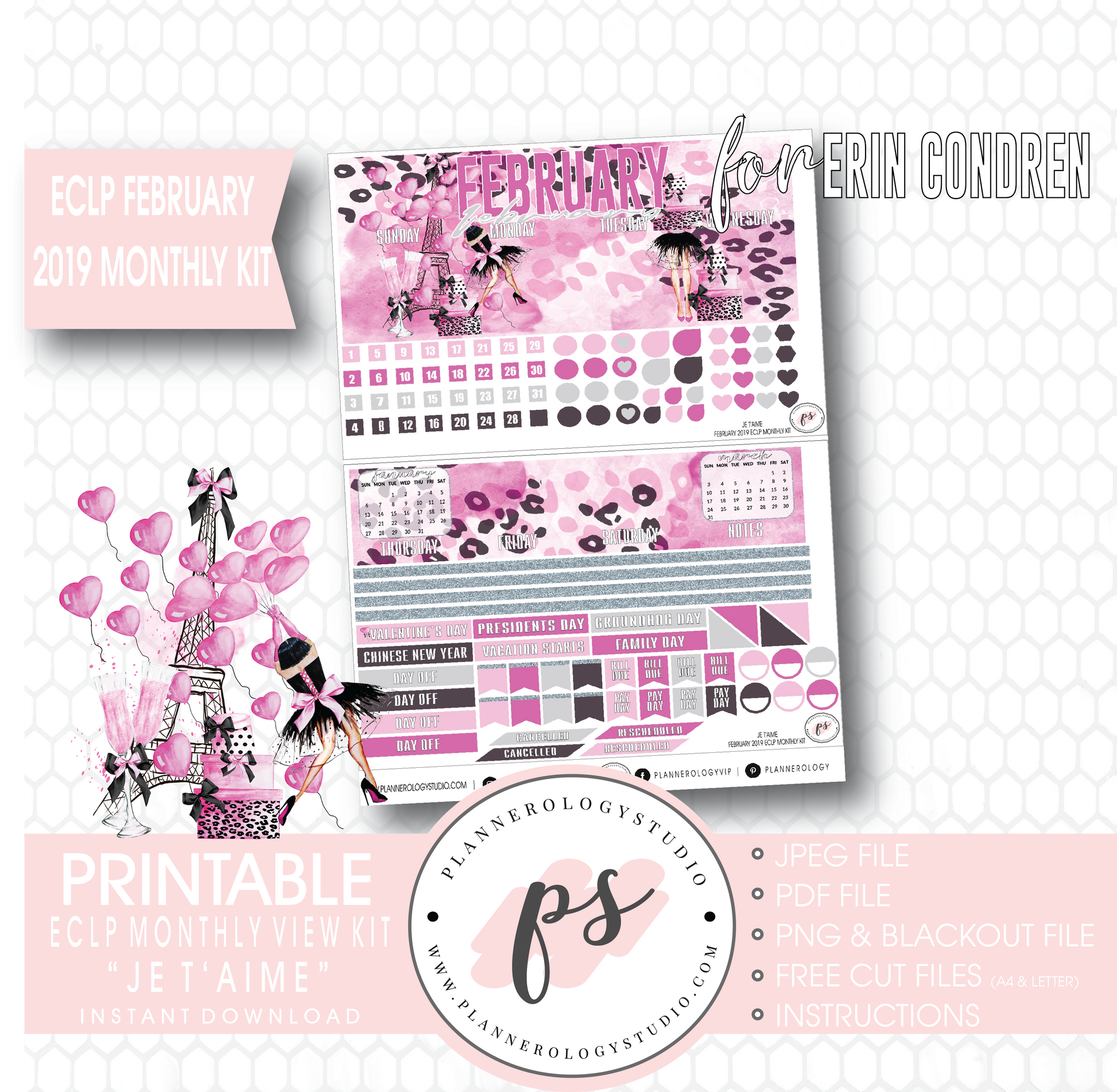 Je T'aime Valentine's Day February 2019 Monthly View Kit Digital Printable Planner Stickers (for use with Erin Condren) - Plannerologystudio