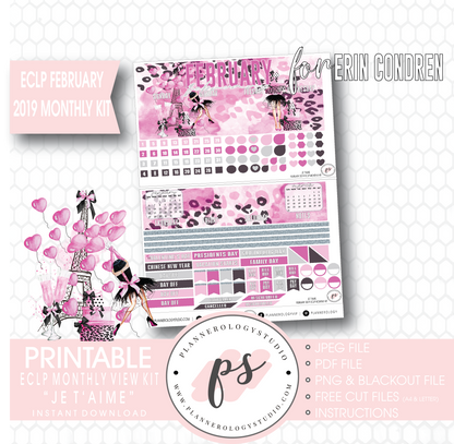Je T'aime Valentine's Day February 2019 Monthly View Kit Digital Printable Planner Stickers (for use with Erin Condren) - Plannerologystudio