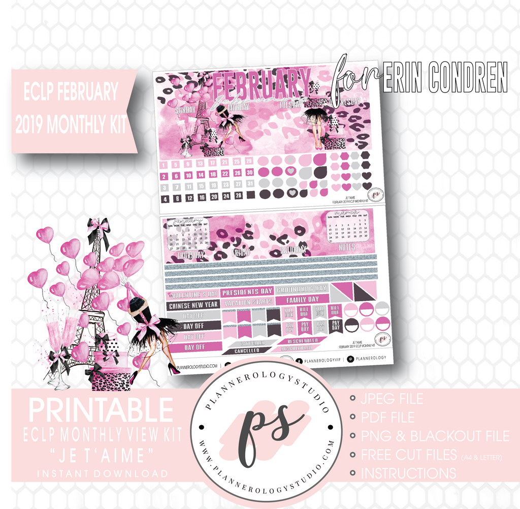 Je T'aime Valentine's Day February 2019 Monthly View Kit Digital Printable Planner Stickers (for use with Erin Condren) - Plannerologystudio