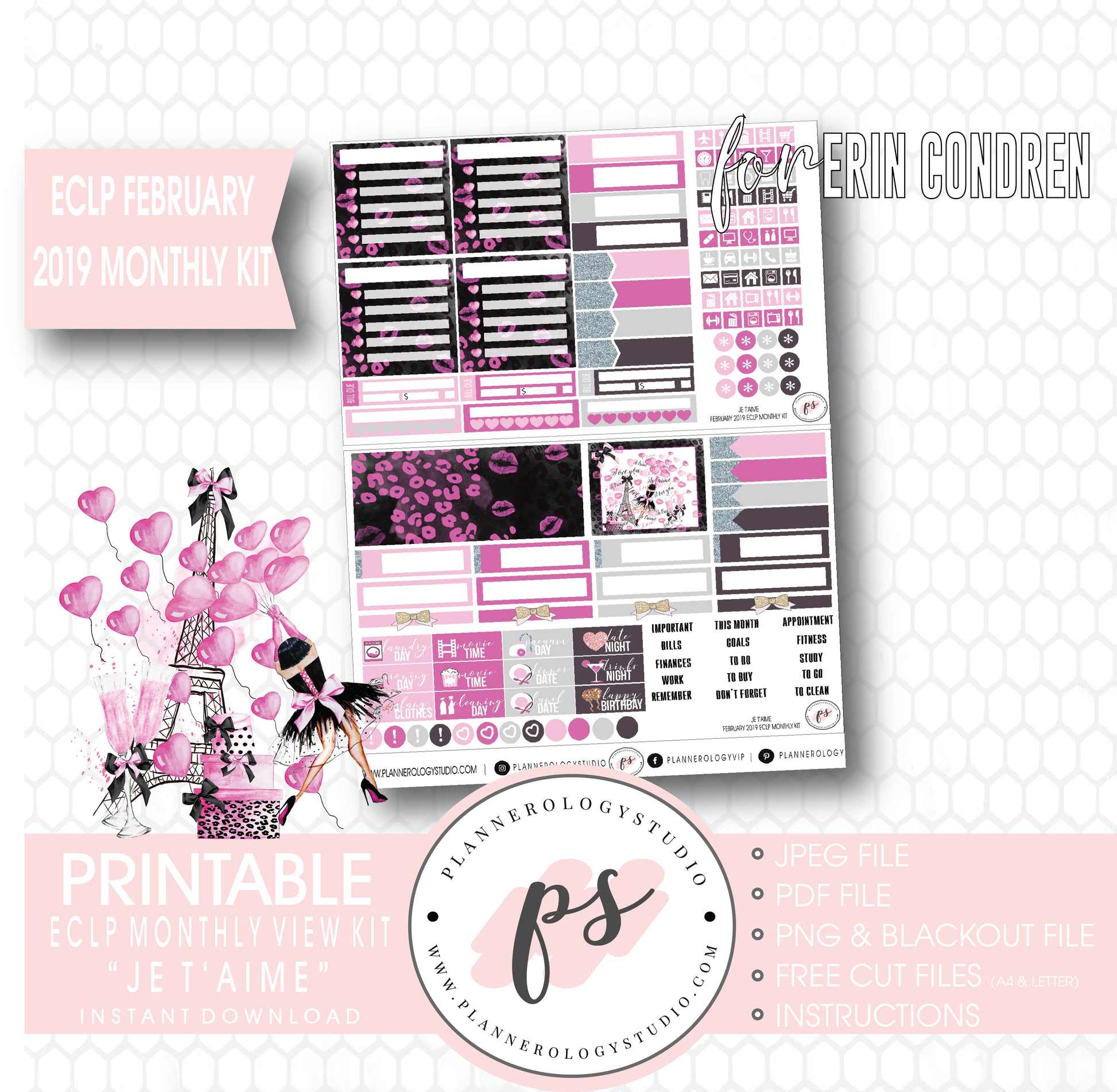 Je T'aime Valentine's Day February 2019 Monthly View Kit Digital Printable Planner Stickers (for use with Erin Condren) - Plannerologystudio