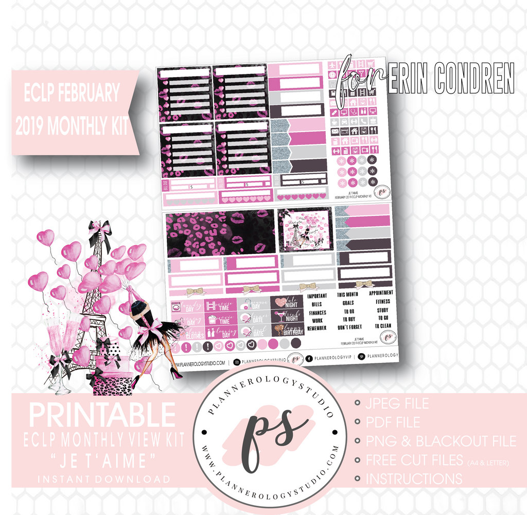 Je T'aime Valentine's Day February 2019 Monthly View Kit Digital Printable Planner Stickers (for use with Erin Condren) - Plannerologystudio