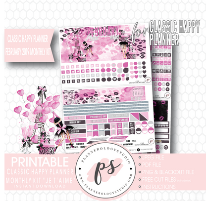 Je T'aime Valentine's Day February 2019 Monthly View Kit Digital Printable Planner Stickers (for use with Classic Happy Planner) - Plannerologystudio