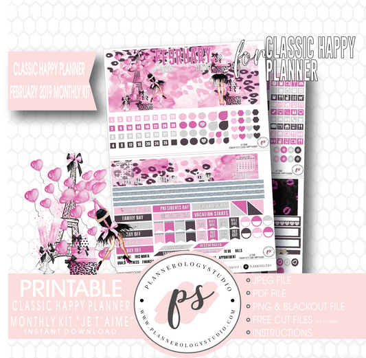 Je T'aime Valentine's Day February 2019 Monthly View Kit Digital Printable Planner Stickers (for use with Classic Happy Planner) - Plannerologystudio