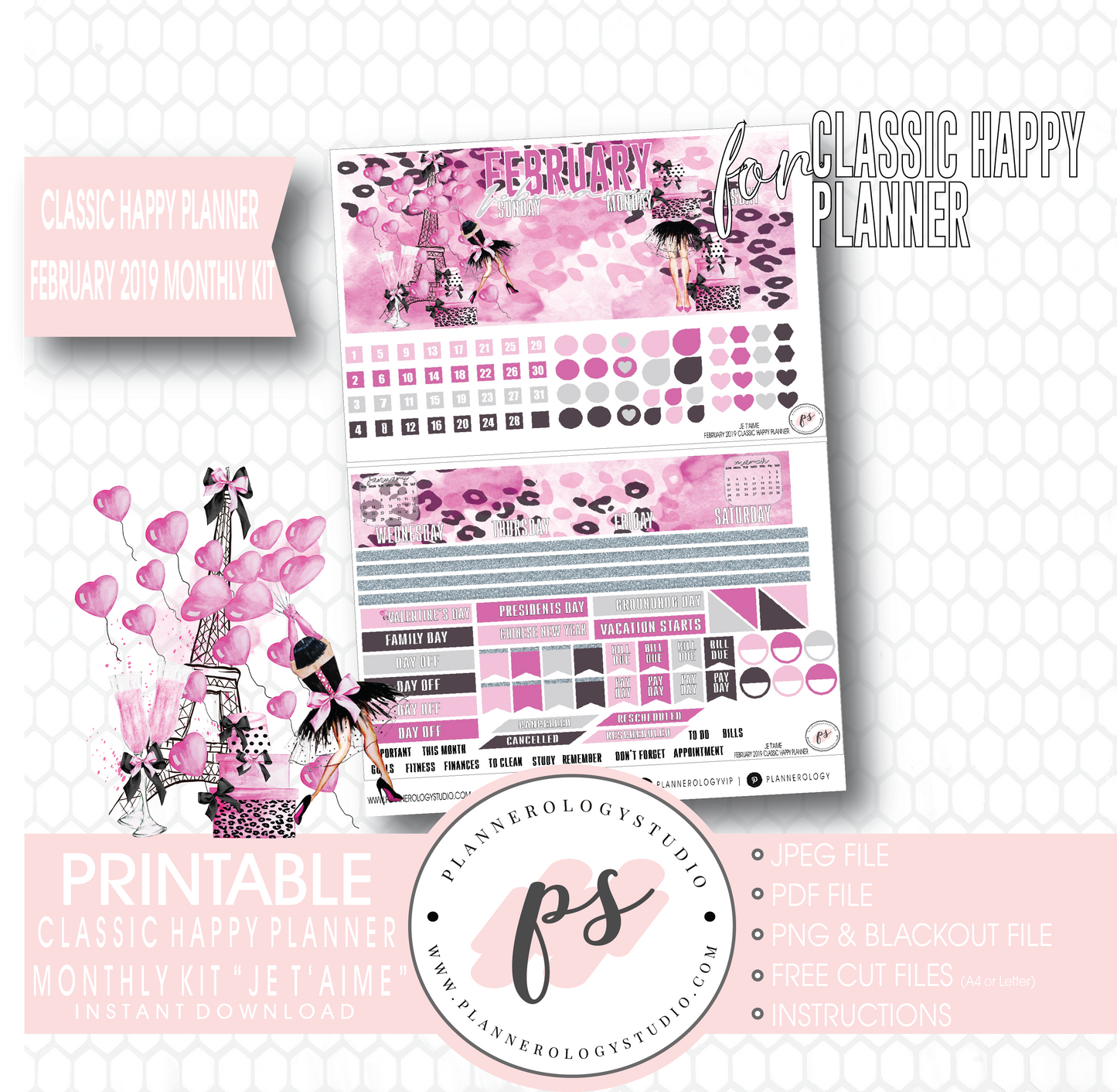 Je T'aime Valentine's Day February 2019 Monthly View Kit Digital Printable Planner Stickers (for use with Classic Happy Planner) - Plannerologystudio