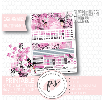 Je T'aime Valentine's Day February 2019 Monthly View Kit Digital Printable Planner Stickers (for use with Classic Happy Planner) - Plannerologystudio