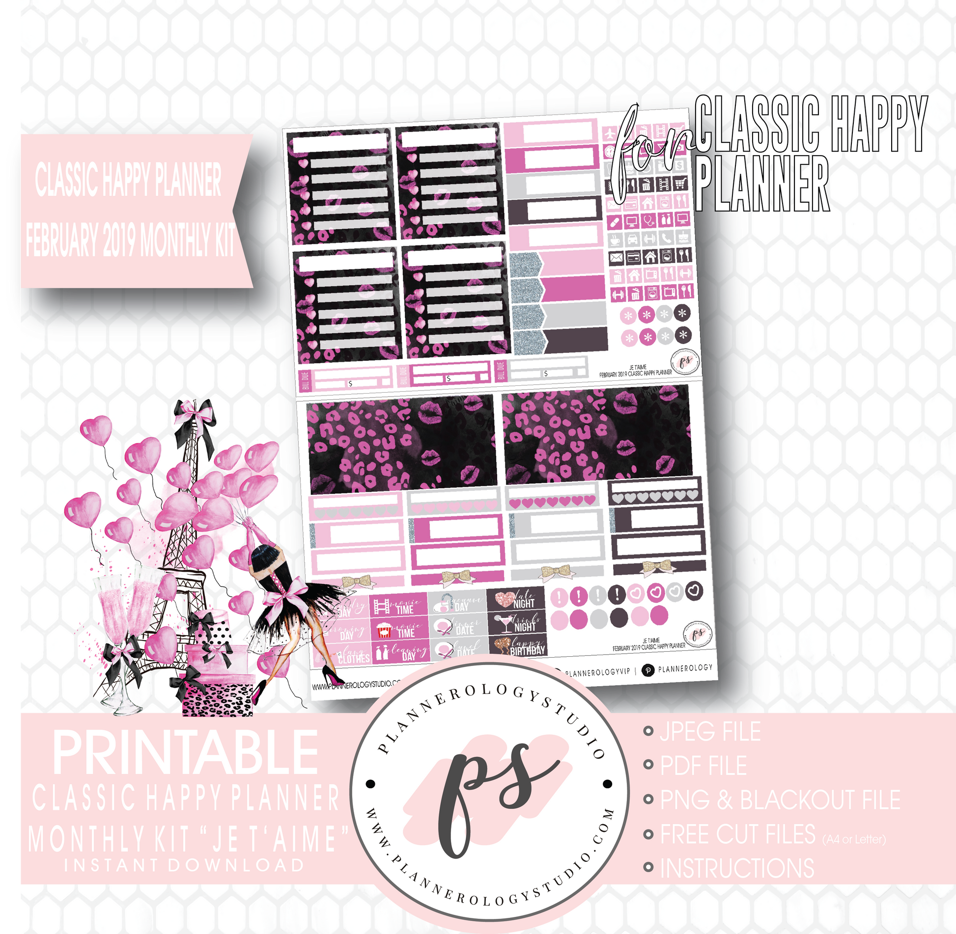 Je T'aime Valentine's Day February 2019 Monthly View Kit Digital Printable Planner Stickers (for use with Classic Happy Planner) - Plannerologystudio