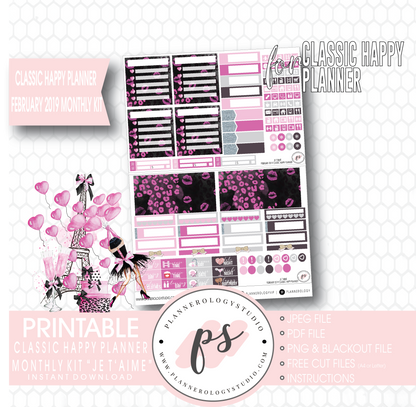 Je T'aime Valentine's Day February 2019 Monthly View Kit Digital Printable Planner Stickers (for use with Classic Happy Planner) - Plannerologystudio