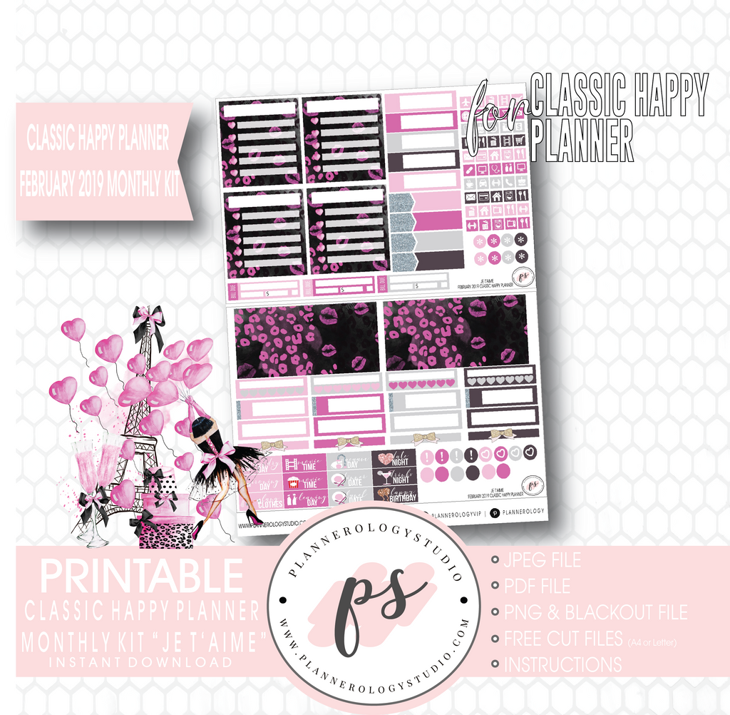 Je T'aime Valentine's Day February 2019 Monthly View Kit Digital Printable Planner Stickers (for use with Classic Happy Planner) - Plannerologystudio