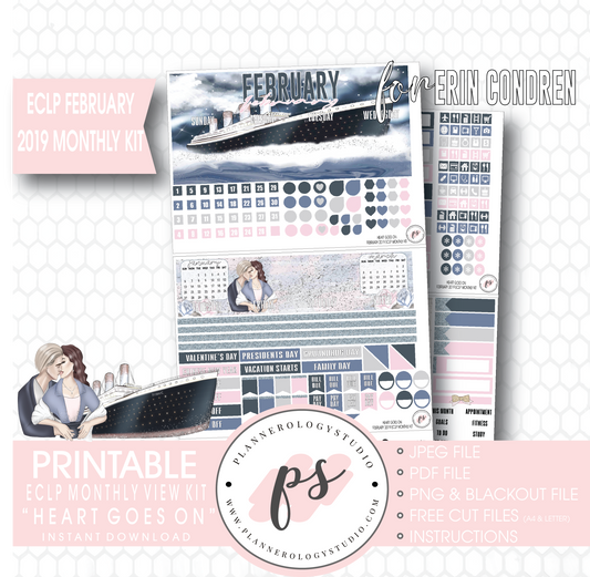 Heart Goes On (Titanic) February 2019 Monthly View Kit Digital Printable Planner Stickers (for use with Erin Condren) - Plannerologystudio